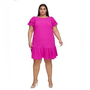 DKNY‎ NWT Size 18W Hot Pink Ruffle Sleeve Flounce Hem Shift Dress